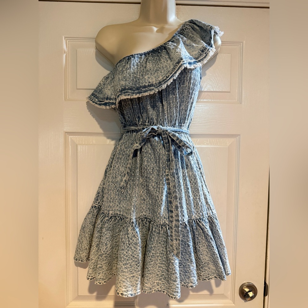 Promesa One-Shoulder Denim Look Ruffle Mini Dress Size Small.  Coastal cowgirl